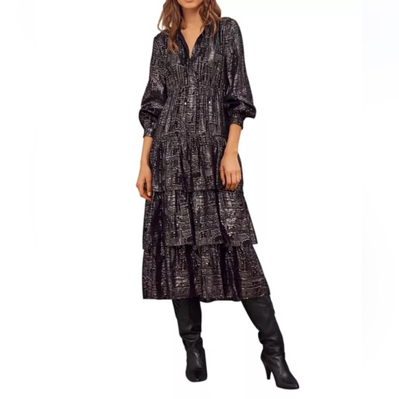 Ba&sh Sophie Tiered Dress. Size XS . Black and metallic silver. - Picture 2 of 15